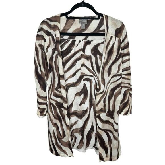 Chicos Travelers LINEN blend Animal Print Open Cardigan -Medium - Picture 1 of 6